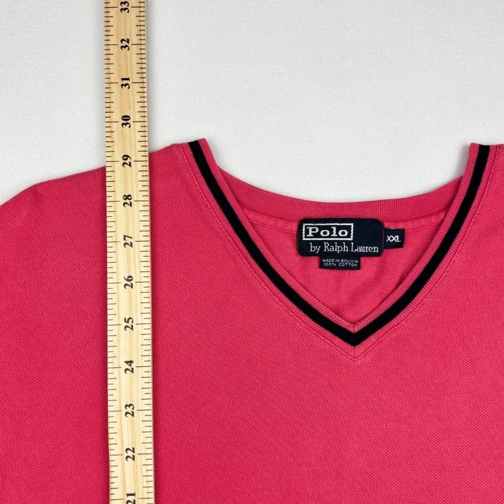 Vintage 90s Polo Ralph Lauren Mens XXL Pink Tipped V Neck Pique Cotton T Shirt
